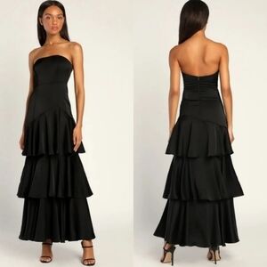 Lulus Blissfully Beautiful Black Satin Strapless Tiered Maxi Dress Wedding Prom